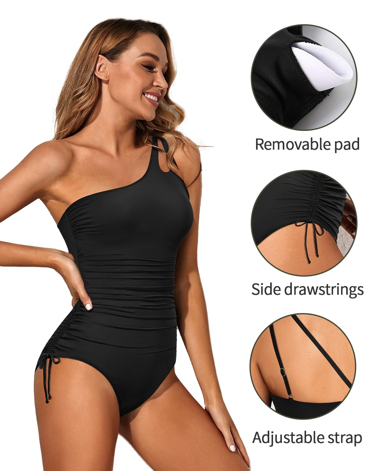 Holipick One Shoulder One Piece Swimsuit for Women Tummy Control Drawstring Bathing Suits Modest Full Coverage Keyhole Swimwear