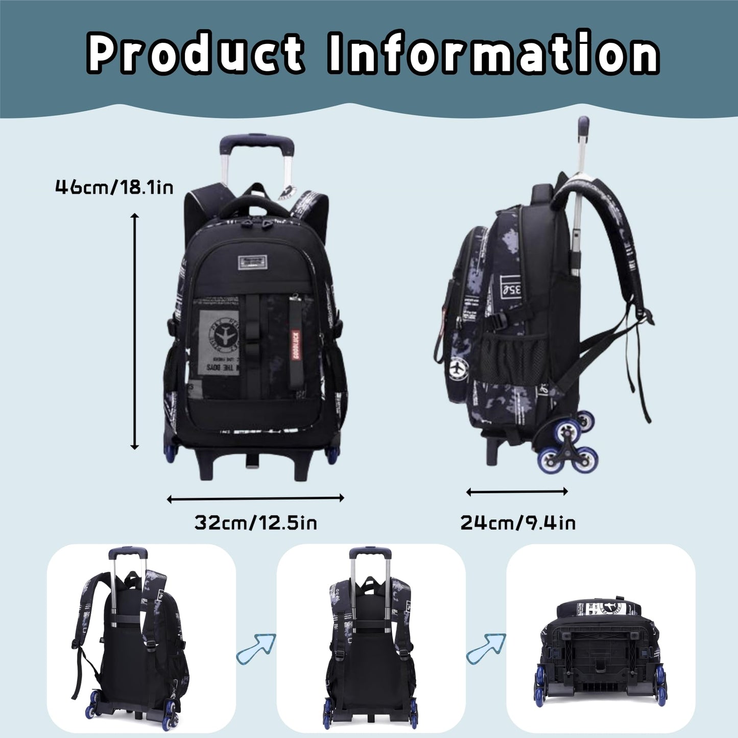 Camo Boys Rolling Backpacks for Kids School, Capacity Wheeled Bookbags Elementary School Bags Back Packs with 6 Wheels