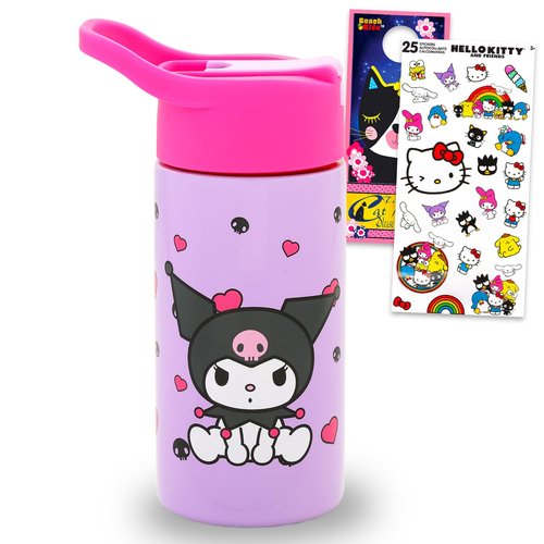 Kuromi Stainless Steel Water Bottle for Girls - Bundle with 14 Oz Kuromi Drinking Cup For Home, School, and Sports, Plus Stickers, More | Sanrio Water Bottle with Straw