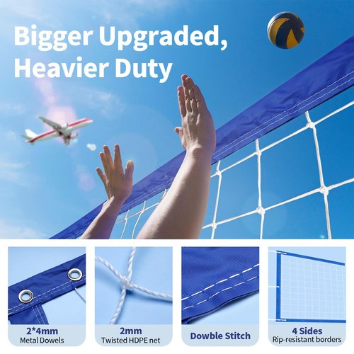 YUXUXU Professional Volleyball Net Outdoor Heavy Duty, All Weather Enhanced, Extended Stainless Steel Cable, Extra Thick Borders, for Indoor Outdoor Sports - Regulation 32x3FT, Blue (Net Only)