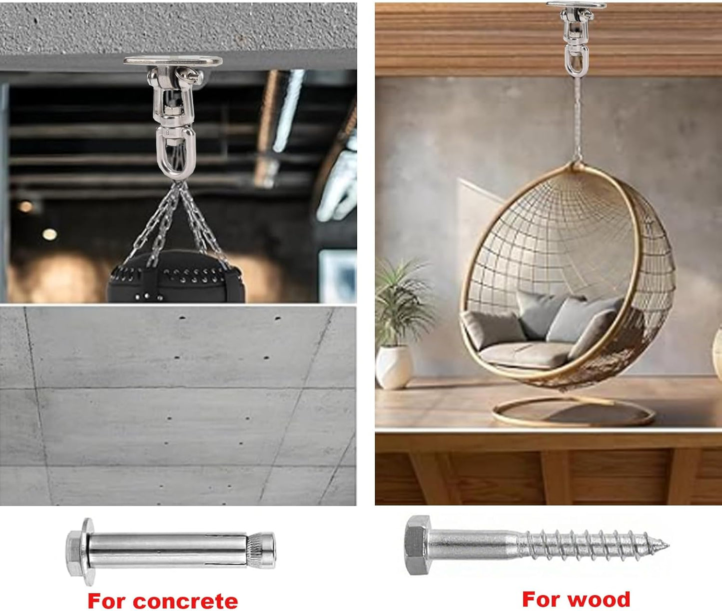 2 Pack Heavy Duty Swing Hangers, 304 Stainless Steel 2200 lbs Capacity, 360° Silent Rotation for Porch Yoga Seat Trapeze, Hammock Chair, Swing Set, Indoor/Outdoor Use with Two Kinds of Screws