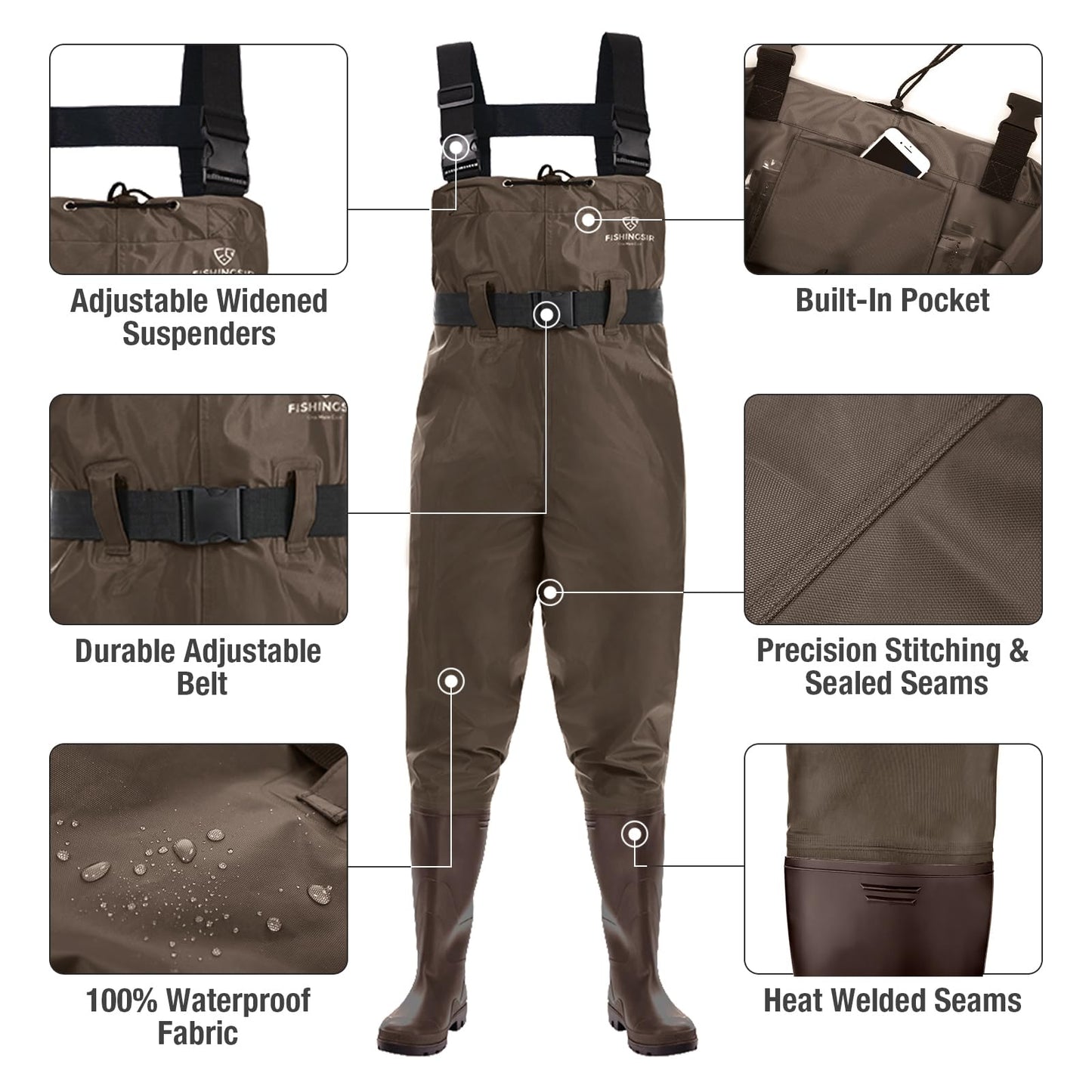 FISHINGSIR Fishing Waders for Men, 2-Ply Nylon/PVC Waterproof Women Chest Wader with Boots, Bootfoot Hunting Waders Brown