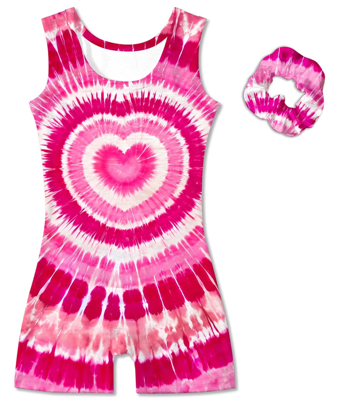 Vogseek Girls Gymnastics Leotards Size 10 Hot Pink 3D Heart Pattern Activewear Sets with Matching Hair Scrunchie Tie Dye Tank Sleeve Shiny Diamonds Athlettic Outfits for Tumbling Class