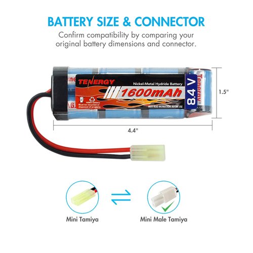 Tenergy Airsoft Battery 8.4V NiMH Flat Battery Pack w/Mini Tamiya Connector High Capacity 1600mAh Battery for Airsoft Guns MP5, Scar, M249, M240B, M60, G36, M14, RPK, PKM