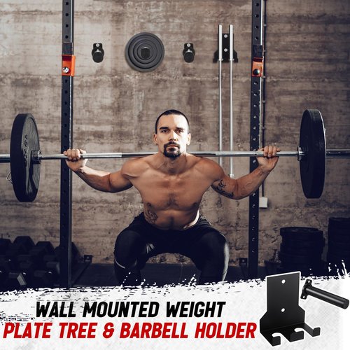 Shimeyao 4 Pack Wall Mounted Weight Plate Holder for 2" Weight Plate and 1 Pack 2 Hooks Barbell Hanger, Vertical Barbell Mount Rack for Garage Home Gym Organizer Accessory