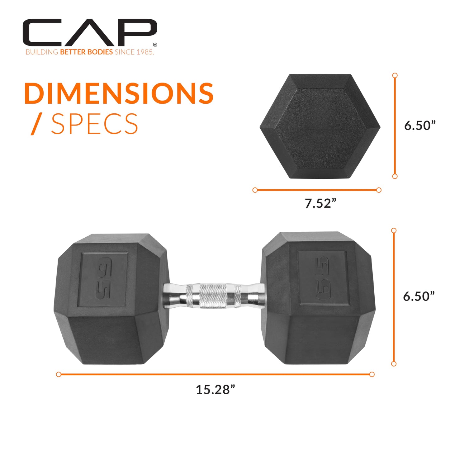 CAP 65 LB Rubber Coated Hex Dumbbell Weight, Rubber Free Weights for Home Gym Strength Training, Chrome Handle, Pair
