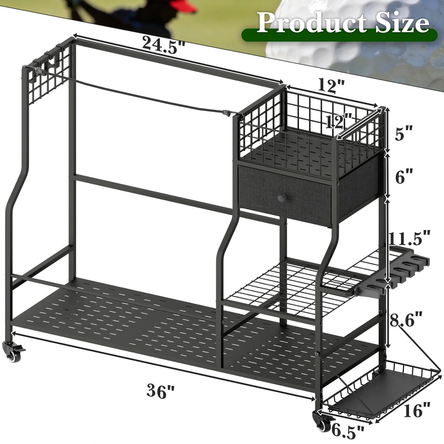 Faesun Golf Bag Organizer for Garage, Golf Bag Storage Rack with 6 Club Slots, Golf Club Organizer with Fabric Drawer & Wheels, Golf Storage Organizer Holds 2 Bags, Golf Rack Storage System