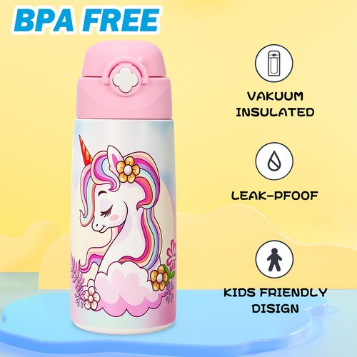 Ntswasd Girls Insulated Water Bottle with Covered Pop-Up Straw,16 oz Kids Cups with Stainless Steel Leak Proof for School Pink（Unicorn）