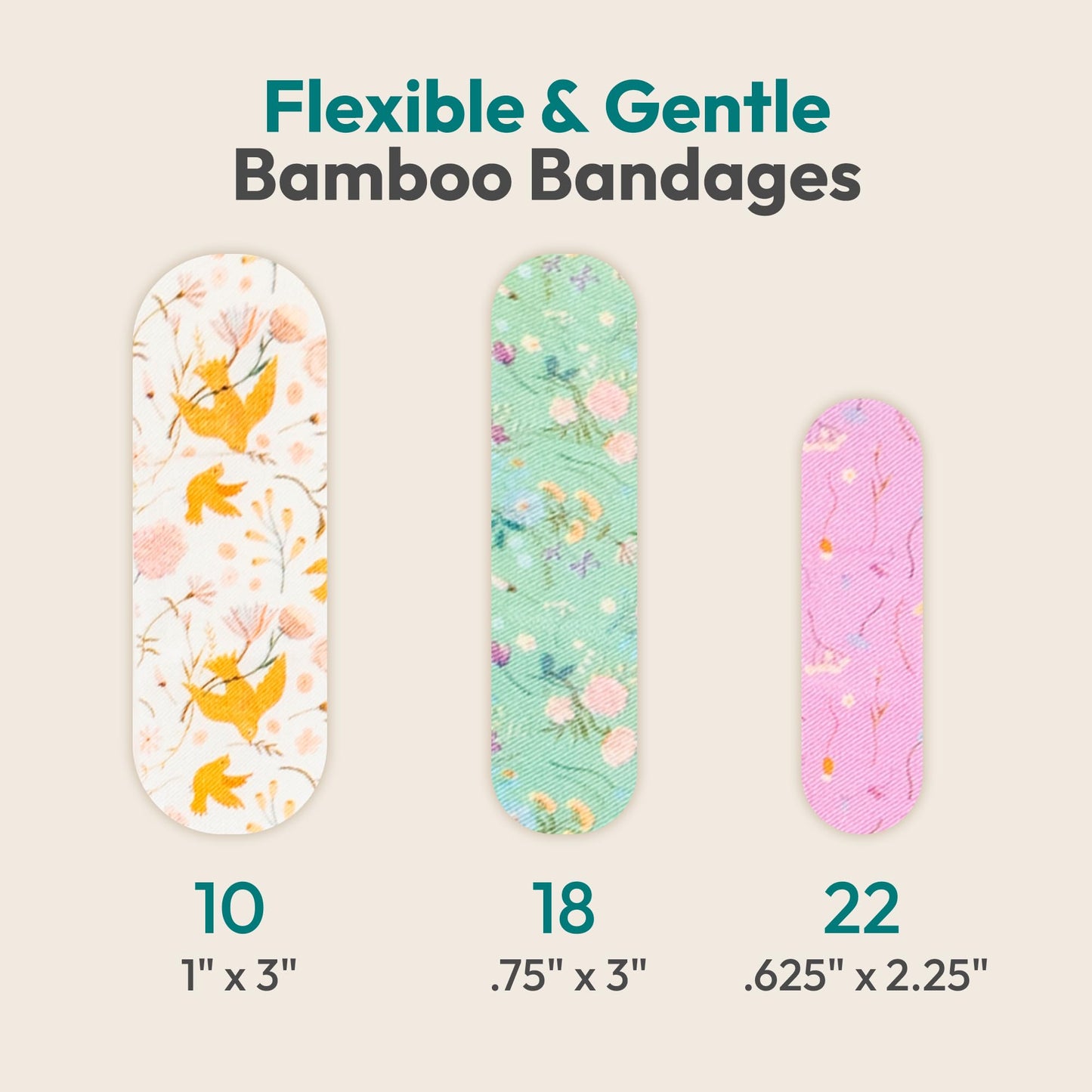 FEBU Wildflower Print Bamboo Fabric Bandages | PFAS Free Flexible Fabric Bandages | Natural Hypoallergenic Bandage for Scrapes, Cuts & First Aid | Compostable, Latex Free Bandage | 50 Count Strip