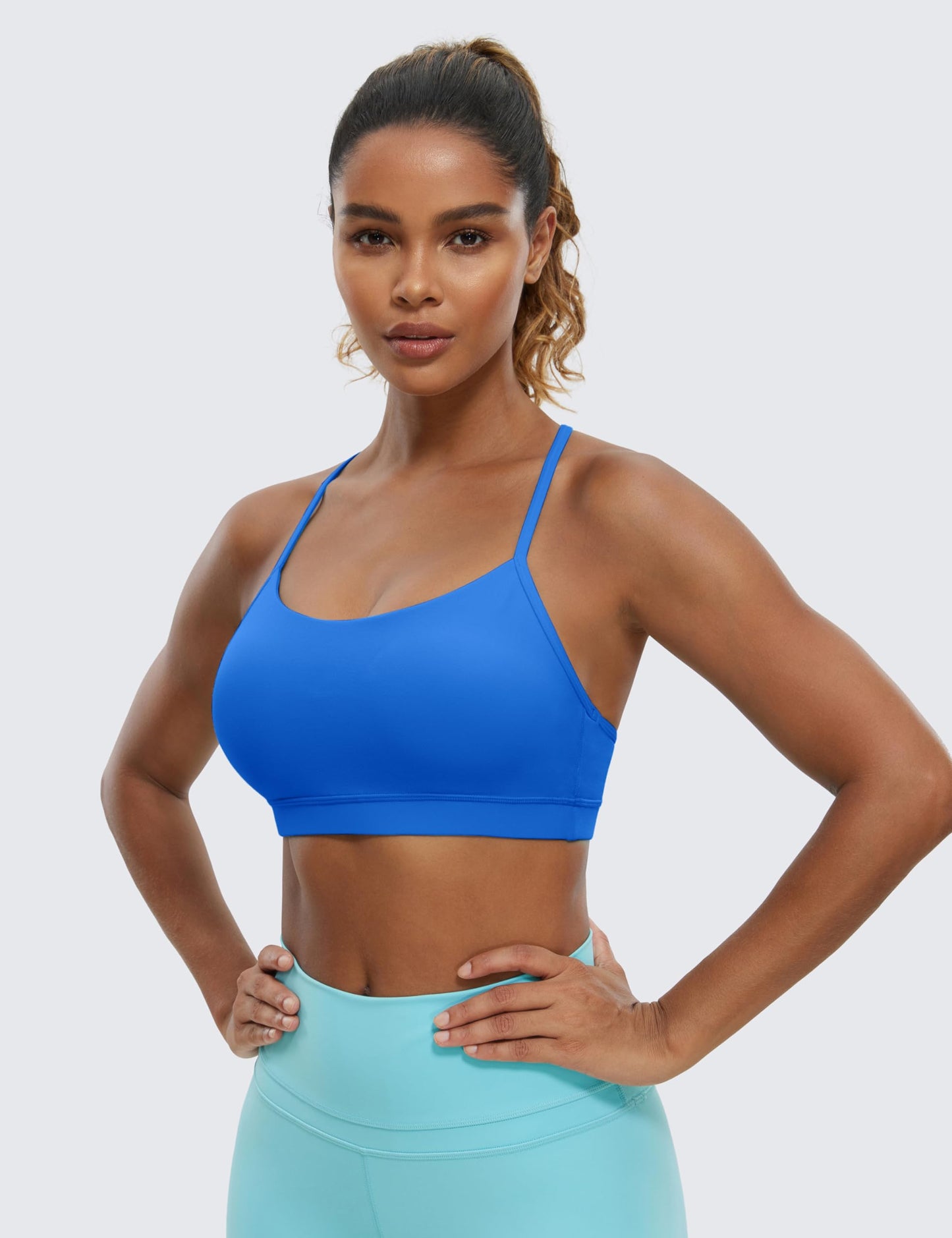 CRZ YOGA Butterluxe Womens Y Back Sports Bra - Padded Racerback Low Impact Spaghetti Thin Strap Workout Yoga Top Sparkle Blue Small