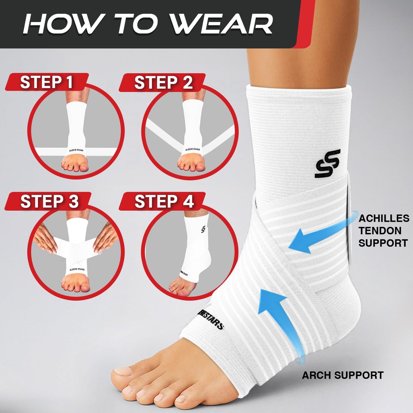 Sleeve Stars Ankle Brace for Women & Men, Ankle Wrap for Sprained Ankle, Compression Sleeve for Plantar Fasciitis Relief, Easy Customizable Support: w/Removable Strap (Single/S:9"-10"/White)