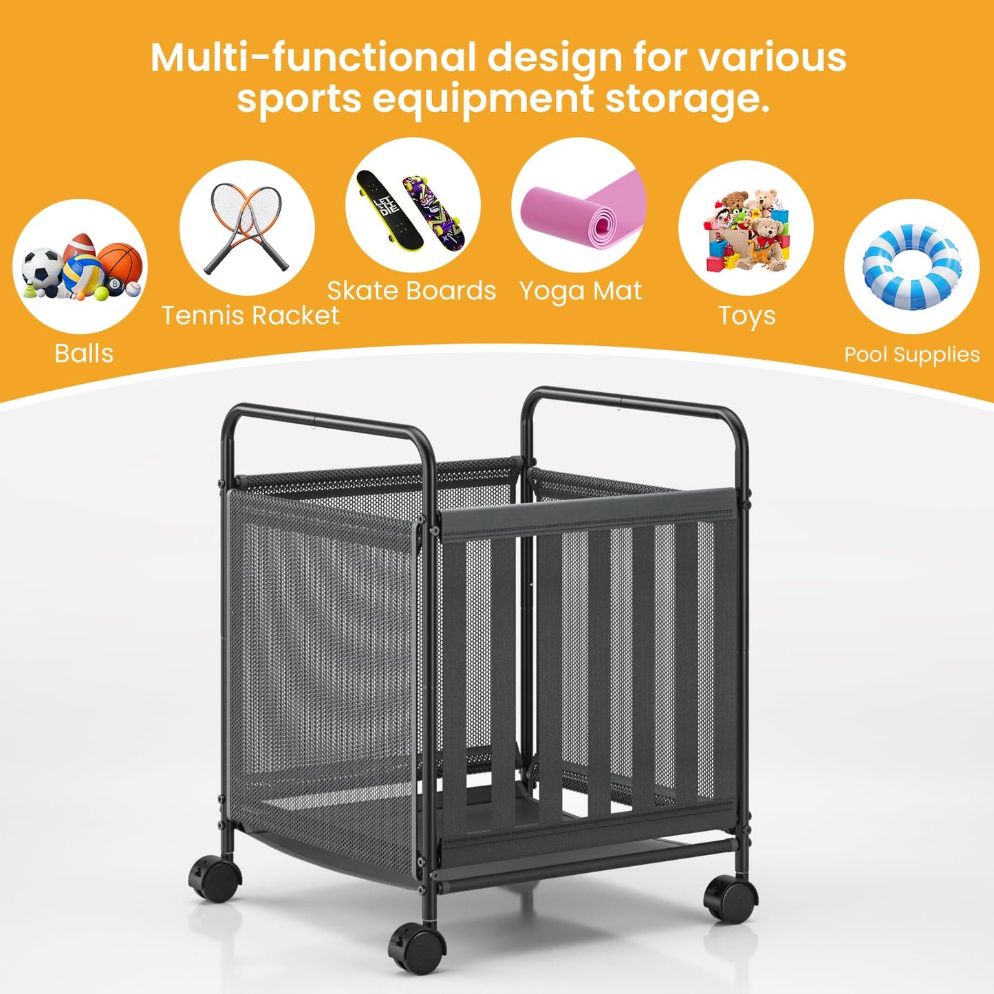 Ball Storage Bin Rolling Storage,Garage Sports Equipment Organizer,Outdoor Toy Box, Gym and Schools, Garage Organization,Can Store basketballs, Footballs and Sports Equipment.(Black)