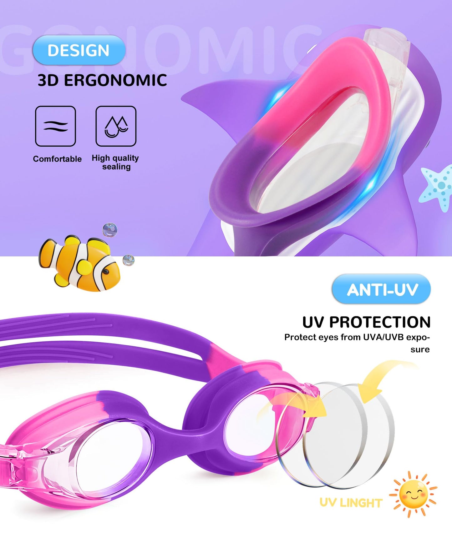 NSSIW Kids Swim-Goggles Swimming-Goggles-for Kids: Goggles Anti Fog Pool No Leak 2 Pack Ages 3-16