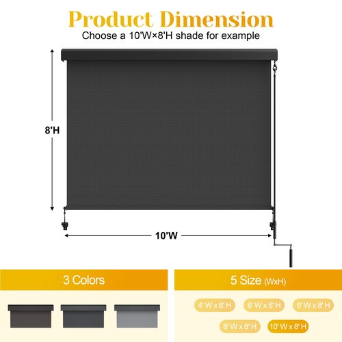 Outdoor Roller Shade with Aluminum Valance, (10'W X 8'H) 420GSM New Material Patio Shade with 95% UV Blockout, Outdoor Blinds with Crank Handle for Shading, Privacy Protection, Black