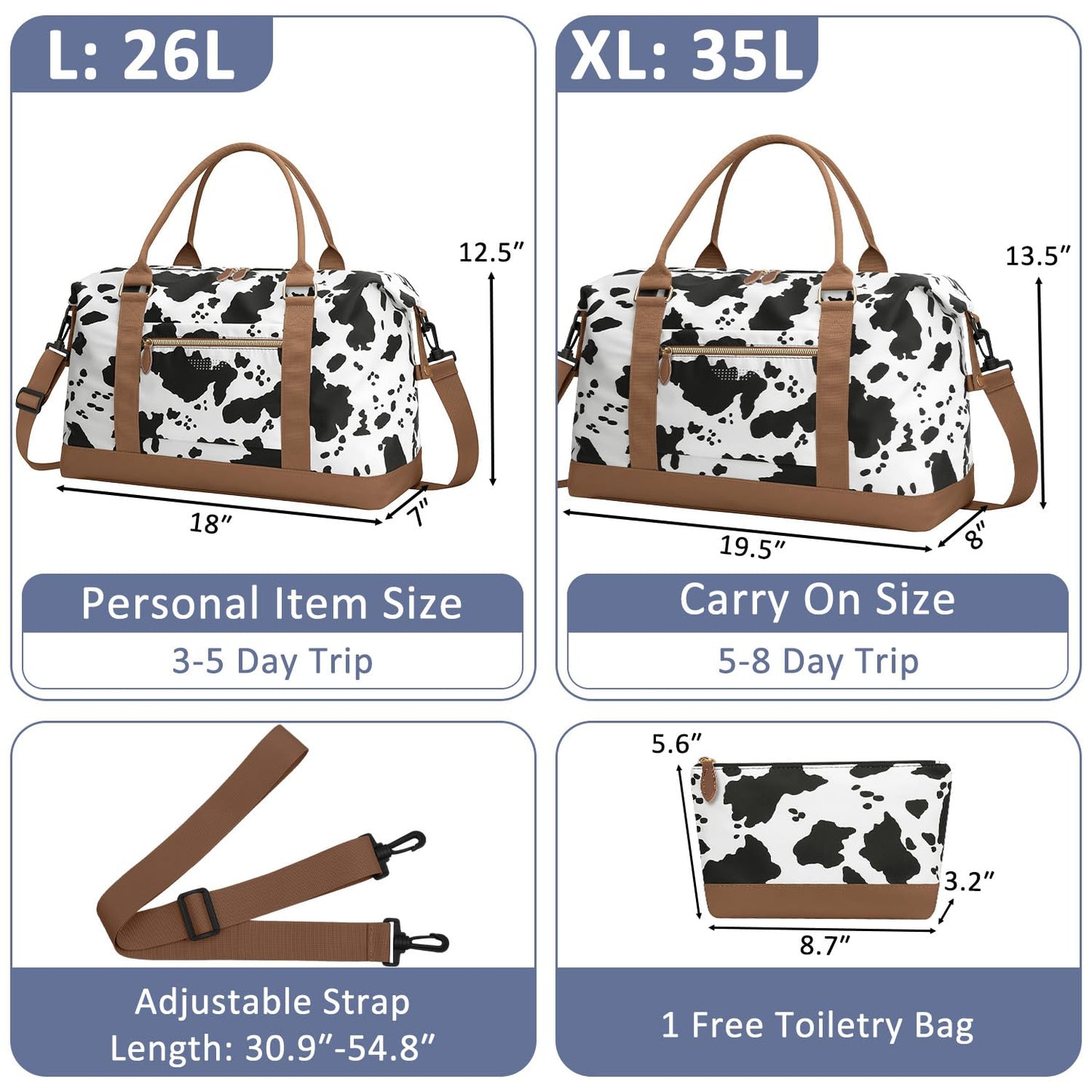 ELONGRIVER Travel Duffle Bag for Women, Weekender Bags, Hospital Bag for Labor Delivery, Lightweight Tote Duffel Overnight Bag with Luggage Sleeve, Airplane Travel Bags with Toiletry Bag, X-Large, Cow