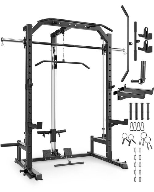 GarveeLife Smith Machine Home Gym with Barbell Bar, Cable System, LAT Pulldown Attachments, Safety Spotter Arms, J Hooks, Landmine, Multi-Functional Squat Rack for Full Body Strength Training