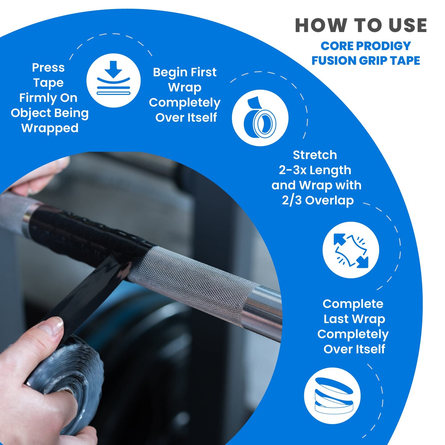 Core Prodigy Fusion Grip Tape - Silicone Rubber Wrap for Pull Up Bars, Barbells, Dumbbells, Sports and Gym Equipment, Weights and Tool Handles (36 Foot, White)