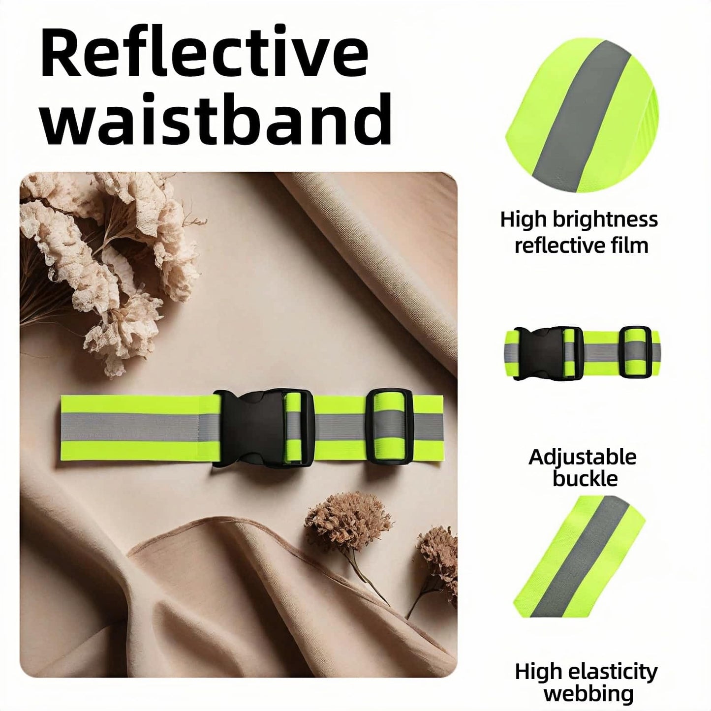 RyanDesign Reflective Safety Belt - Adjustable Military-Grade Elastic Strap for Running, Cycling, Motorcycle | High-Visibility Lime Green | Day & Night Protection (26"-50" Waist)