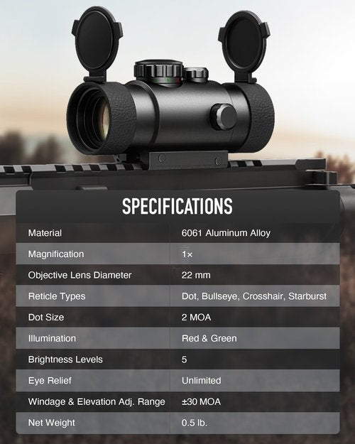 PINTY Red Green Dot Sight, 2 MOA Tactical Reflex Sight with 4 Reticle Patterns 5 Brightness Levels Flip Up Lens Cover for Rifle, 1x22mm Compact Rifle Scope Sight Fits 20mm Picatinny Weaver Rail