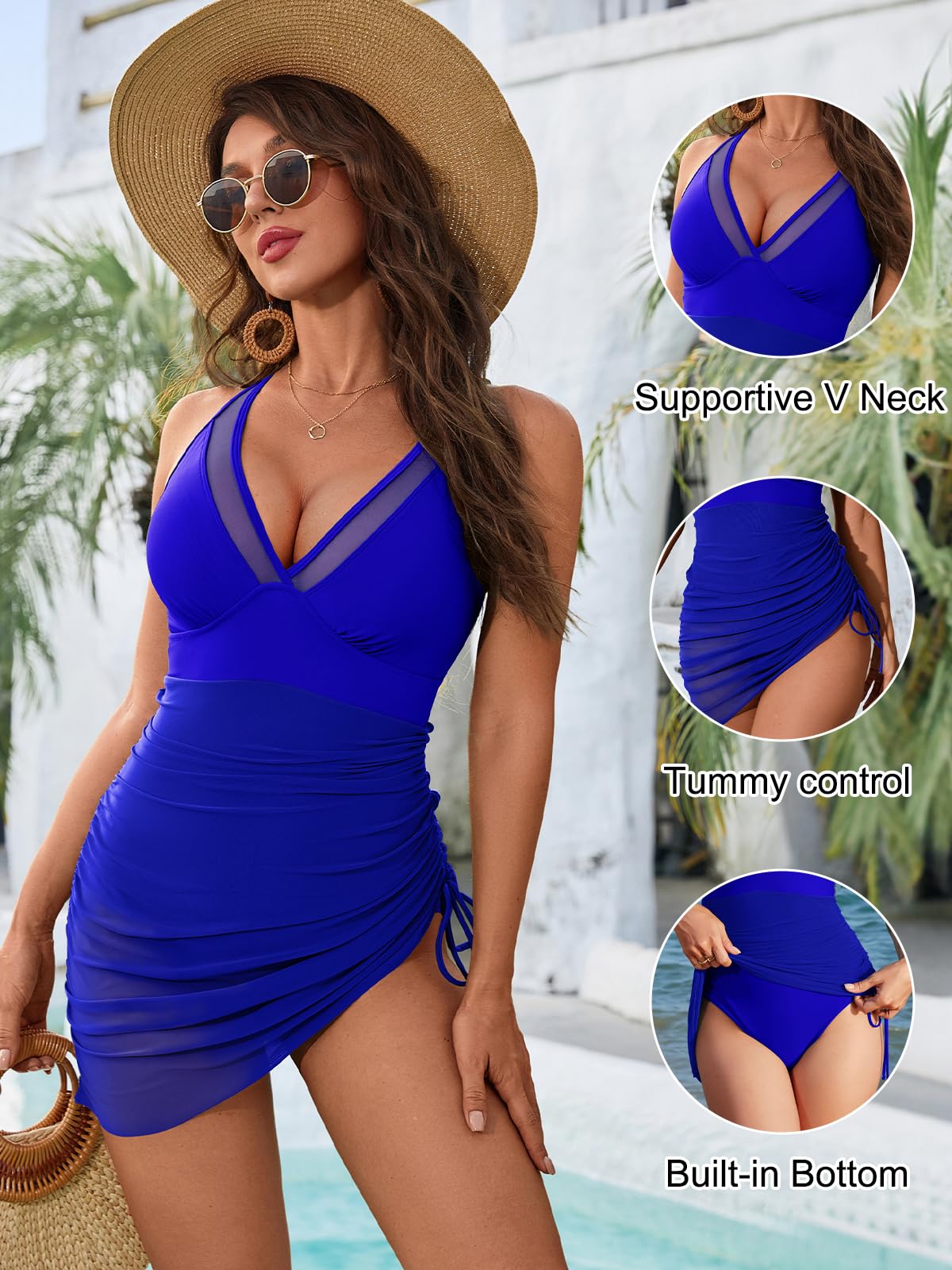 Blooming Jelly Women One Piece Swim Dress Tummy Control Swimsuits Modest Mesh Sheer V Neck Swimdress (S, Royal Blue)