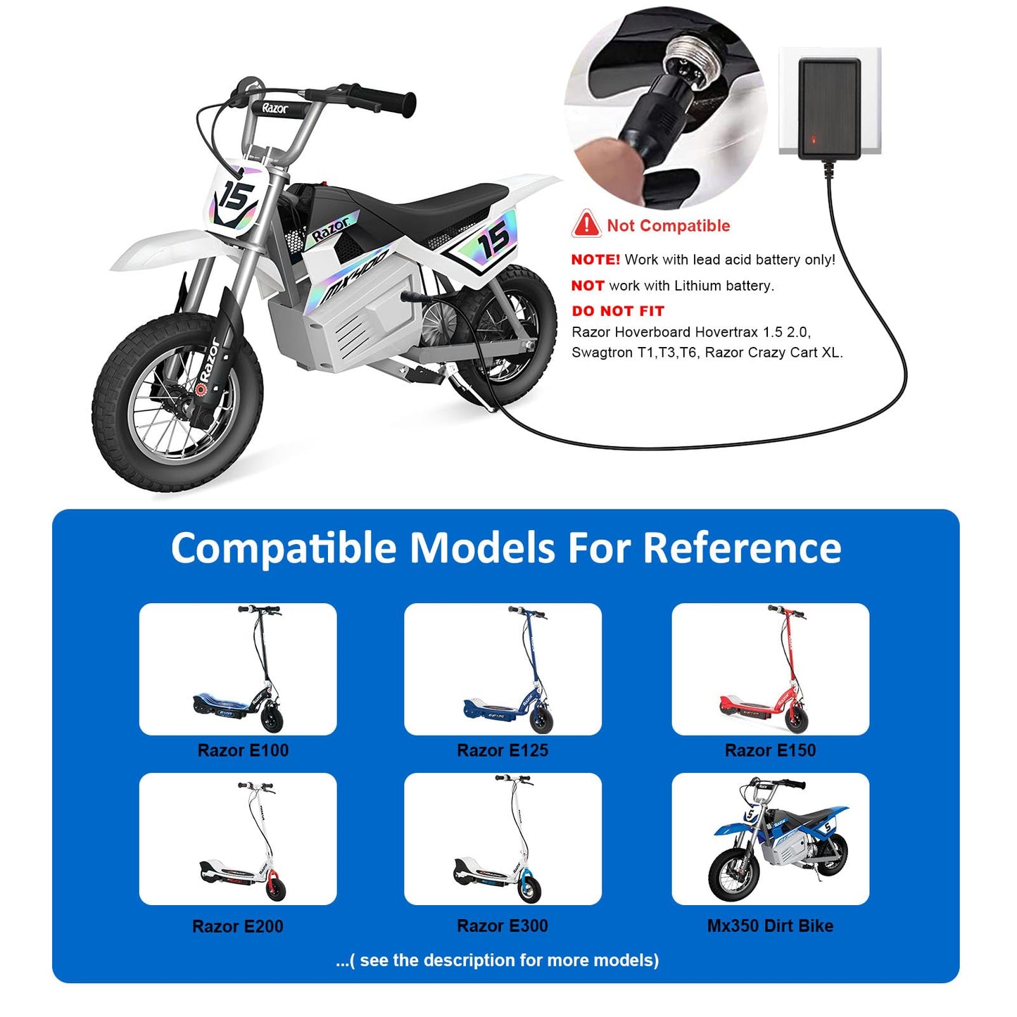 24V Electric Scooter 3-Prong Charger, for MX350 Dirt Bike Charger Scooter, MX400 Dir t Rocket, E300, E200, E100, Dirt Quad, Pocket Mod, Moped, Motorcycle, 24V Scooter Battery Charger