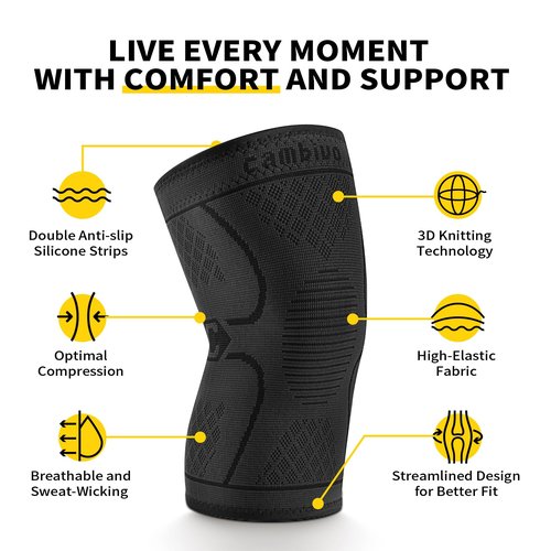 CAMBIVO 2 Pack Knee Braces for Knee Pain, Knee Compression Sleeve for Men and Women, Knee Support for Meniscus Tear, Running, Weightlifting, Workout, ACL, Arthritis, Joint Pain Relief (Black,Medium)