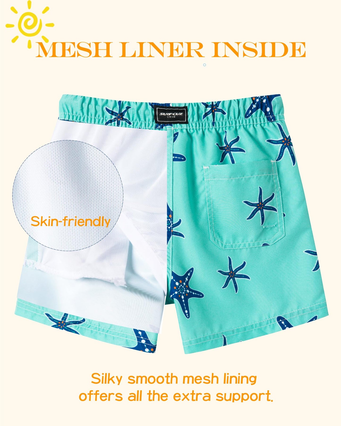 SURF CUZ Little Boys Swim Trunks UPF 50+ Toddler Beach Shorts Swimsuit Kids Quick Dry Swimwear(Starfish, 7)