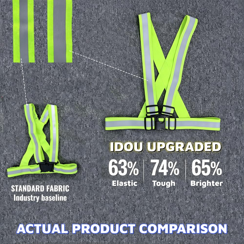 IDOU Pro Version 2.0 IN High Visibility Reflective Safety Strap | Adjustable Elastic Hi Vis Reflective Vest for Construction, Running, Cycling | Men & Women's Yellow Work Vest Plus/M