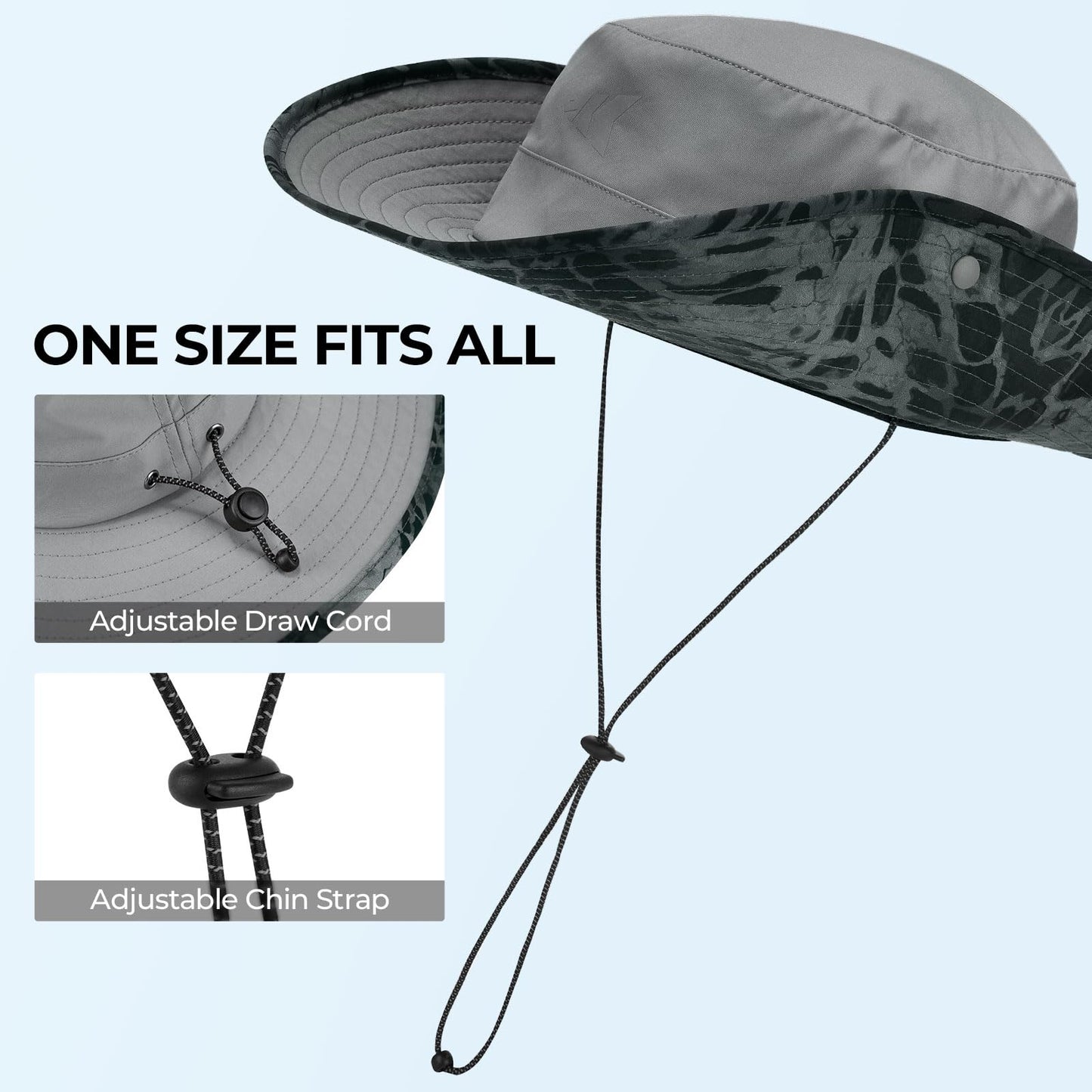 KastKing Shade Trekker Boonie Hat,UPF 50+ Protection,Water-Repellent,Adjustable Snap Brim Fishing Hat,Light Gray with Blackout