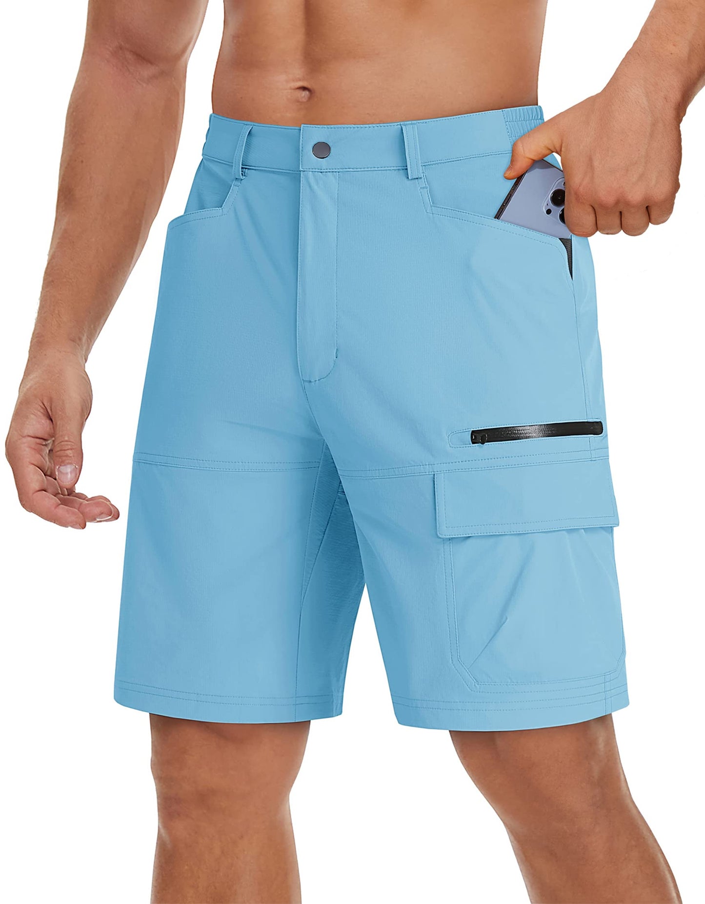 TACVASEN Mens 10" Hiking Shorts Golf Outdoor Lightweight Quick Dry Summer Casual Dress Fishing Shorts with Zipper Pockets Sky Blue 32