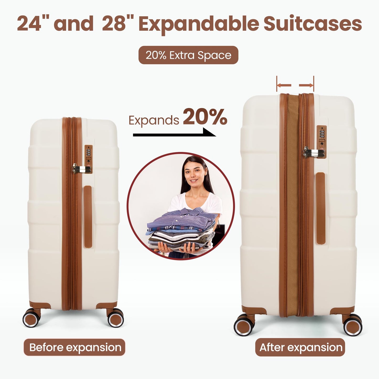 TILYMOL Luggage Sets 3 Piece with Spinner Wheel, Hardside Suitcase Set with TSA Lock, Expandable Lightweight Travel Luggage for Men and Women, White