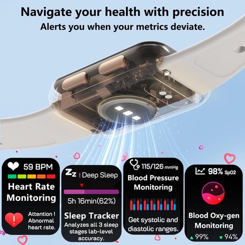 MorePro Health Fitness Tracker with Blood oxy-gen Monitor and 24/7 Heart Rate and Blood Pressure, Sleep Monitor, 120+ Sport Modes Waterproof Fitness Watch for Women Men Android iOS, Gold