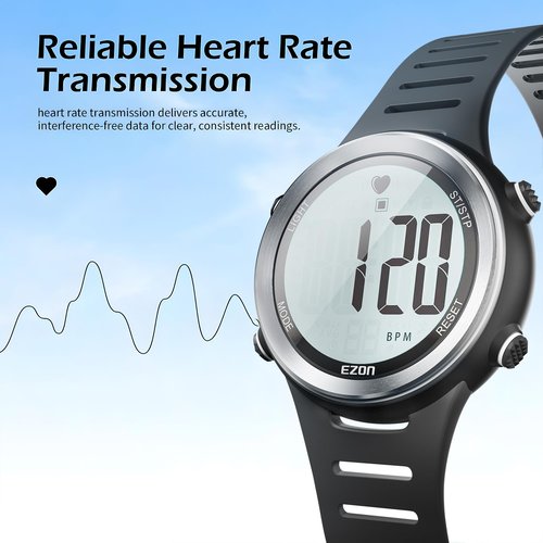 EZON Heart Rate Monitor and Chest Strap, Exercise Heart Rate Monitor, Sports Watch with HRM, Waterproof, Stopwatch, Hourly Chime T007