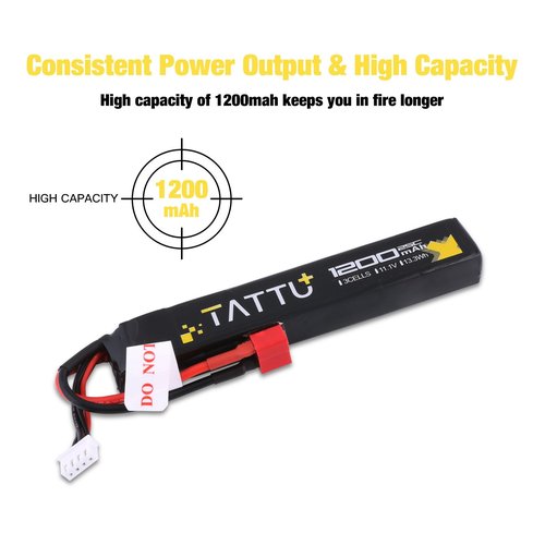 Tattu 11.1V LiPo Airsoft Stick Battery with T Connector,3S 1200mAh 25C Battery Pack for Airsoft Gun
