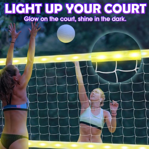 OHYEMO LED Volleyball Net Set, 32x3FT Light Up Volleyball Net Set with Adjustable Height Poles, Carry Bag & Remote, Glow in The Dark Heavy Duty Badminton Volleyball Net Set for Backyard Outdoor Game