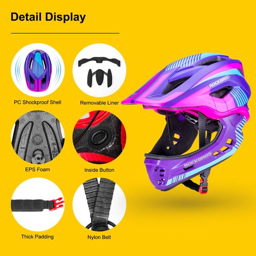 ROCKBROS Kids Full Face Helmet Kids Bike Helmets Lightweight Toddler Mountain Bike Helmet Detachable for MTB BMX Skating Cycling Scooter Safety Bicycle Helmets for Youth Child Boys Girls Ages 3-16