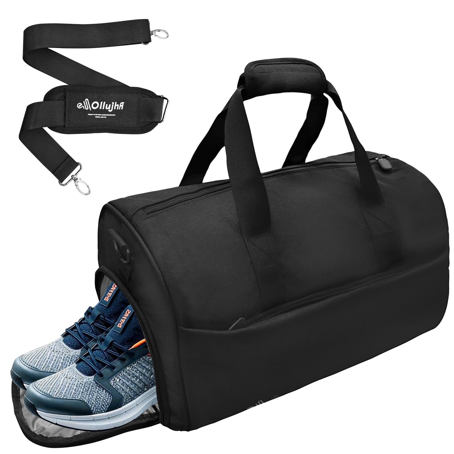 OLLUJHA Gym Bag for Men Women, Duffle Bag with Shoe & Laptop Compartment, Waterproof Fitness Workout Sports Bag for Travel Overnight Weekend Swimming Yoga (Black, 42x25x20cm)