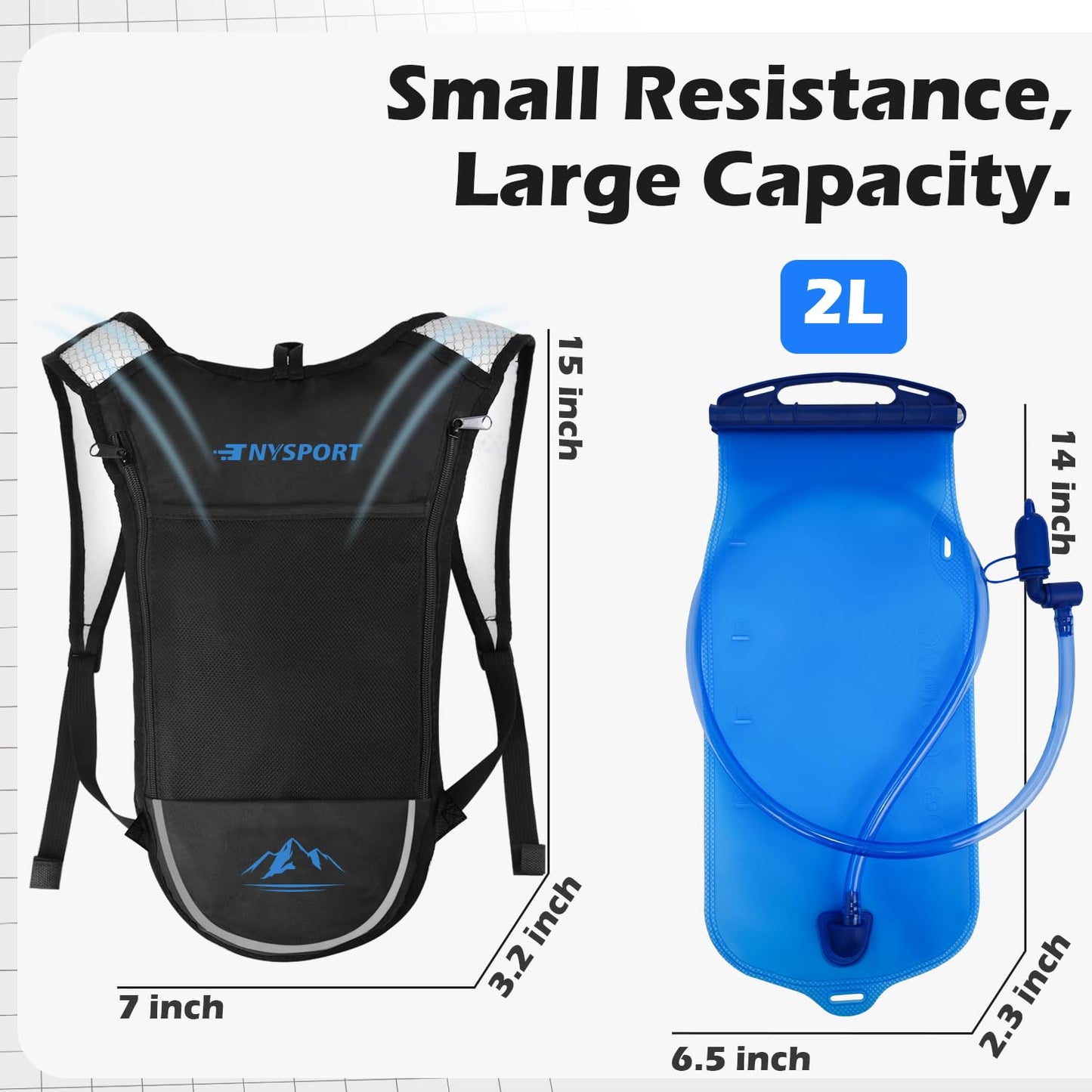 2 Pack Hydration Backpack Pack with 2L Hydration Bladder, TNYSPORT Lightweight Breathable Water Backpack with 3 Layer Pockets, Reinforced Shoulder Straps (Blue & Light Gray)