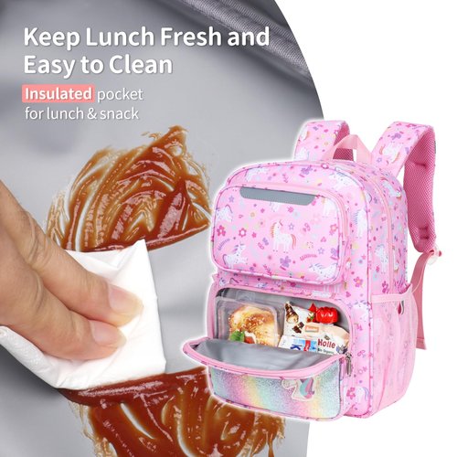 BrainyBees Kids Backpack for Girls - 15 Inch Unicorn Backpack for Kids 3 to 8, School Bookbag for Preschool Kindergarten and Elementary 1st 2nd, Insulated Pocket and Reflective Stripe, Pink Unicorn