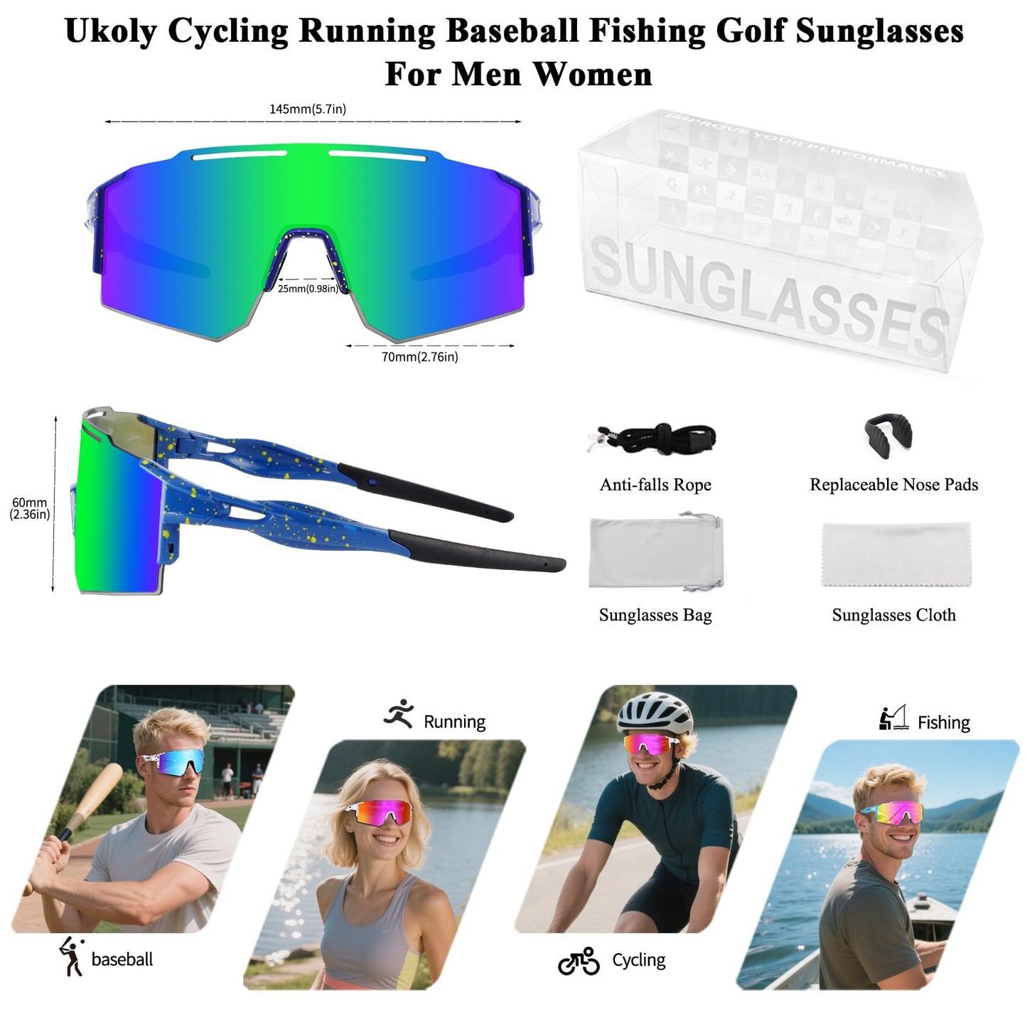 Ukoly Cycling Sunglasses with Interchangeable Nose Pad Men Women, Sports Sunglasses, Fishing Baseball Sun glasses