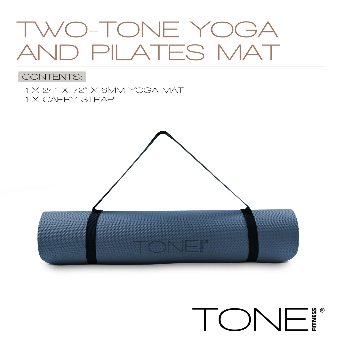 TONE Fitness Yoga Mat 1/4" Thick Non Slip Exercise & Pilates Mat for Home Workouts with Carrying Strap | Pyramid Pattern | Black/Blue