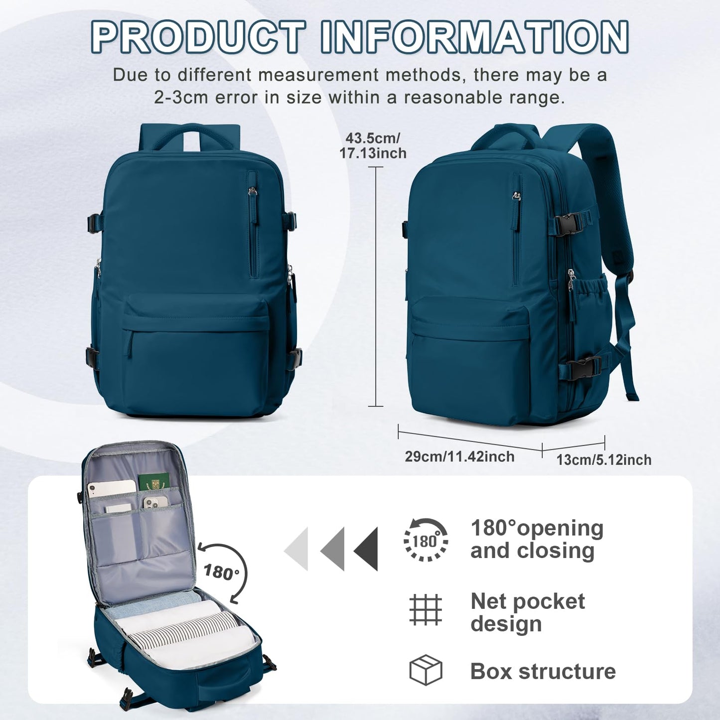 VECAVE Carry On Backpack for Women, Airline Approved Large Travel Backpack Flight Approved, Waterproof 14 Inch Laptop Backpack Business Work Backpacks Bag Men Mochila De Viaje JewelBlue.