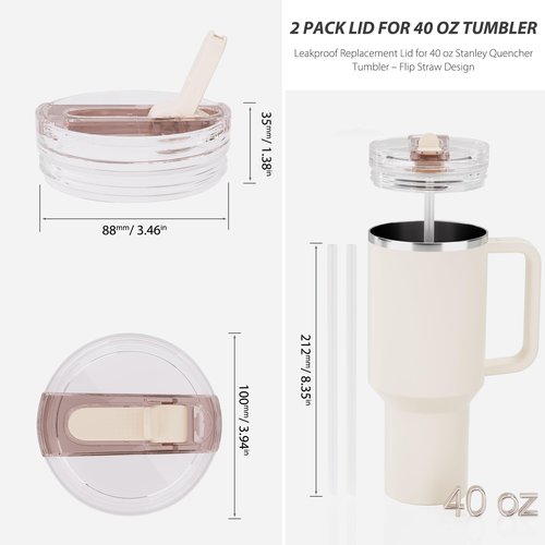CeleVista 2 Pack Replacement Lid for Stanley 40 oz Quencher H2.0 & ProTour, Flip Straw Tumbler Lid for Stanley Cup, Leakproof, No Spill & Easy to Use Reusable Tumbler Cover (Cream)