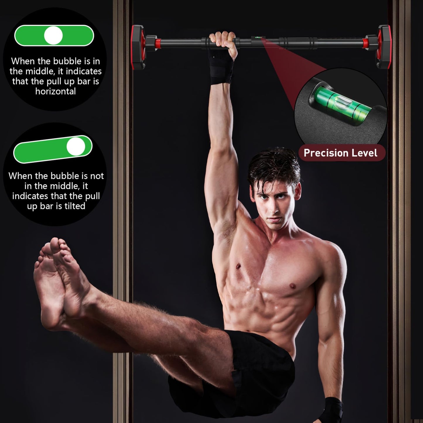 Pull Up Bar for Doorway, Strength Training Chin Up Bar with Level Meter Adjustable 25.5"- 39.3" Width Locking Mechanism Pull-up Bars, No Screws, Max Load 440lbs for Home Gym Door Frame Workout