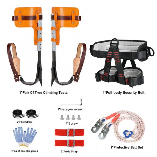 JATCSG Upgrade Cowhide Tree Climbing Spikes Set, Tree Climbing Gear with Adjustable Climbing Belt and Rope, Leather Forged Tree Climbing Tool Non-Slip Pedal for Climbing, Sports, Working