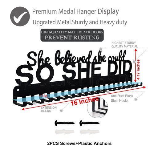 Lapetale Fashion Sports Medal Hanger Display Holder Hook Rack for 60 Medals – She Believed She Could So She Did (16" Wide with 20 Hooks) - Black- Awesome Gifts