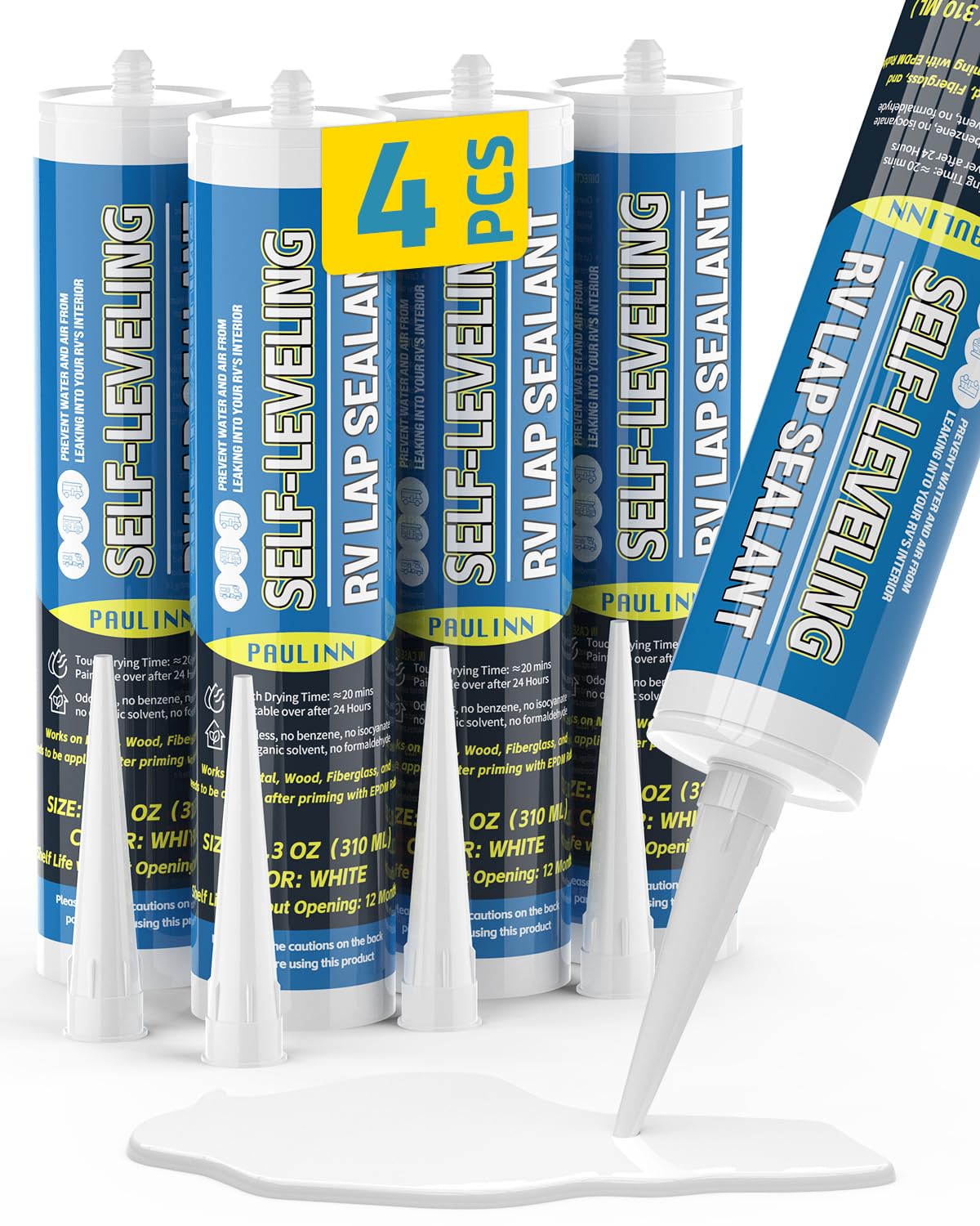 PAULINN Self Leveling Lap Sealant White, RV Roof Sealant for Camper Repair, RV Caulking, Rubber Roof EPDM, Flexible, UV & Waterproof, no Smell and Safe for RV Indoor use, 4 Packs