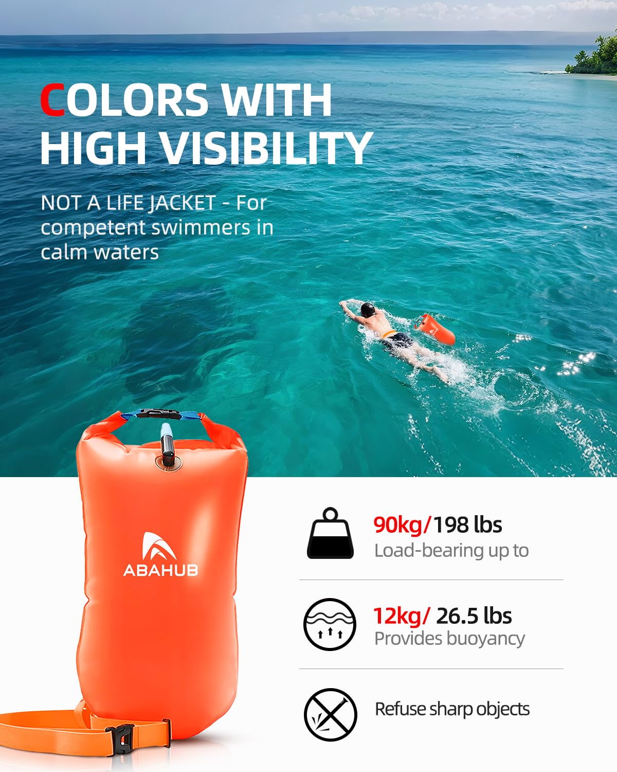Abahub Swim Buoy Safety Tow Float Swim Bubble Achieve Be Bright, Be Seen, Be Safer for Open Water Swimmers and Triathletes During Outdoor Swimming High Visibility Buoy Orange 15L