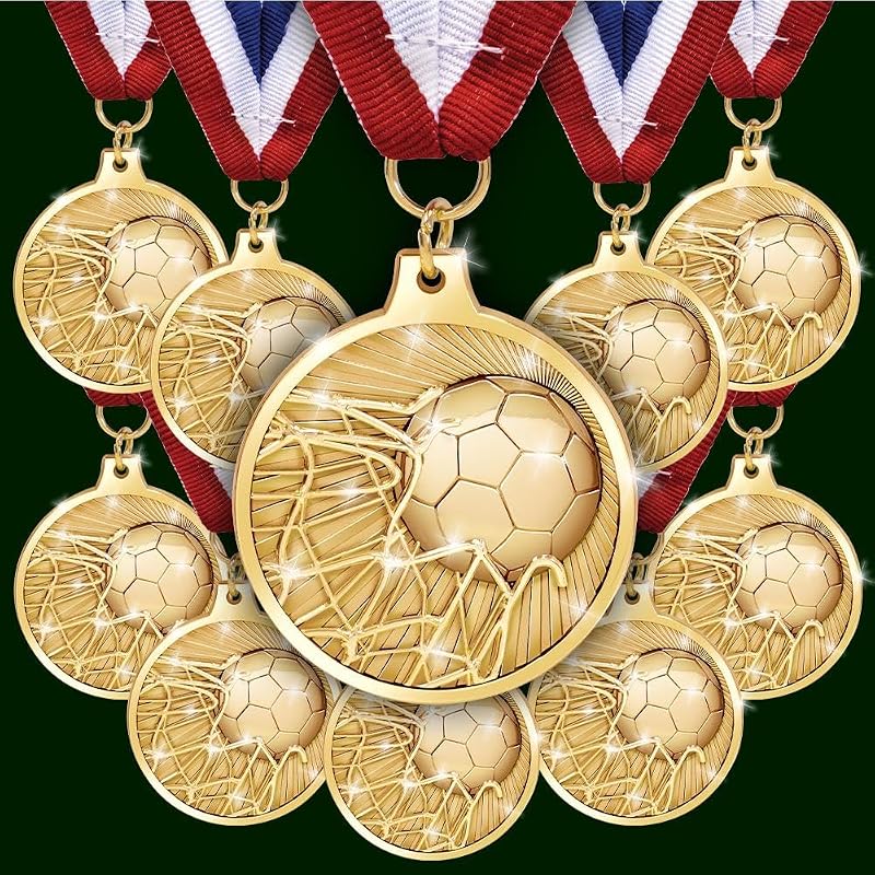 Soccer Medal 2" Gold with Red White Blue Ribbon - 10-Pack Award Medals