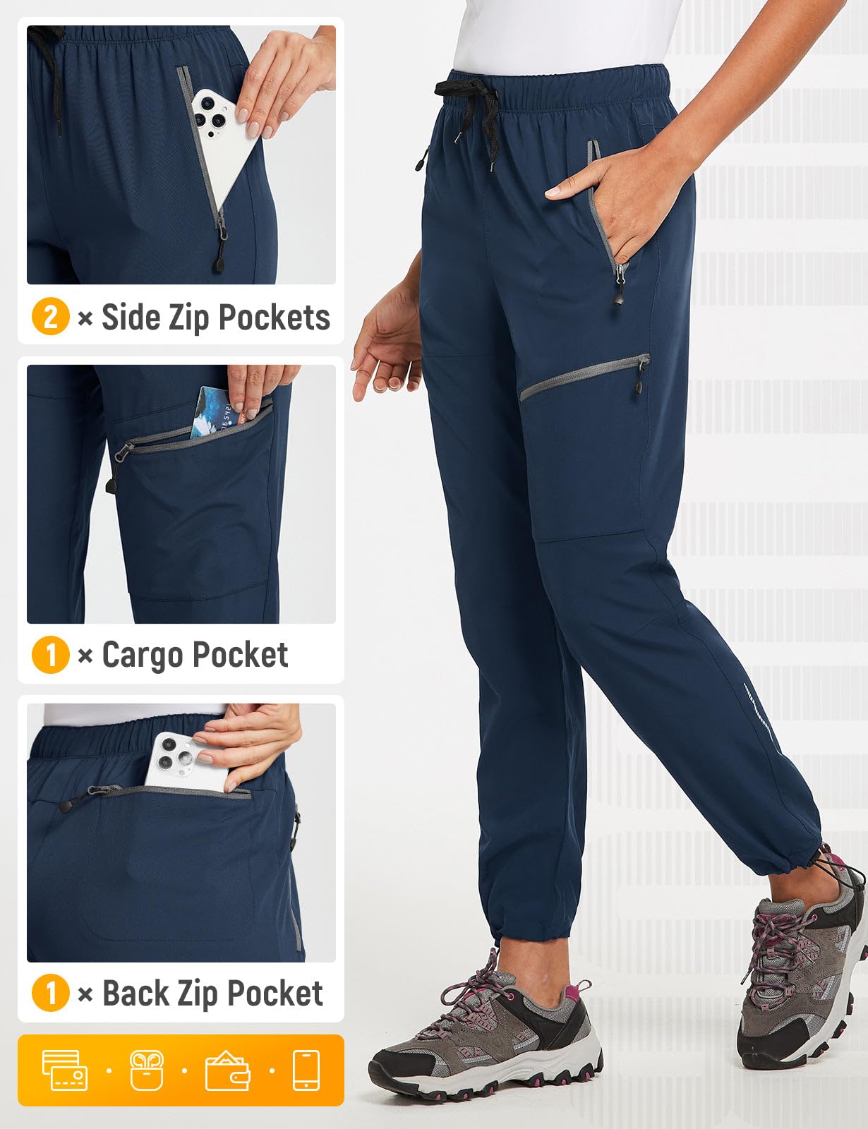 baleaf Travel Pants Women Hiking Long Tall Lightweight Quick Dry Water Resistant Cargo Pants 31'' Trip 31''-Navy Blue XL